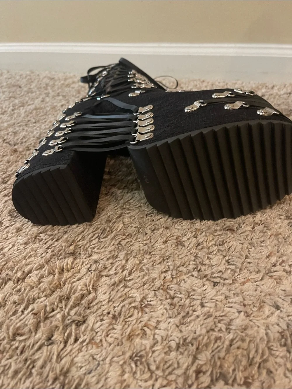 Women’s Black Lace-Up Platform Ankle Boots with Silver Hardware